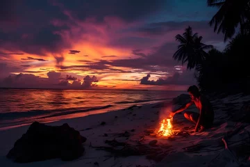 Fototapeten Tropical Island Survivor Lighting Signal Fire, beach, rescuers, picturesque sunset, coastal © asura