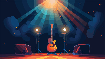 A guitar and microphone on stage with spotlights  - obrazy, fototapety, plakaty