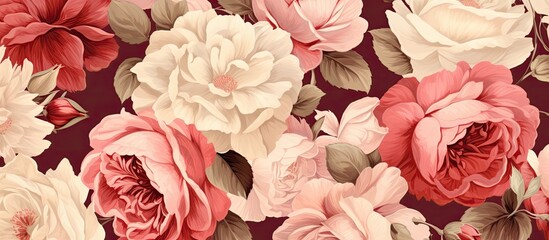 A creative arts piece featuring a bunch of pink and white roses on a maroon background. The...