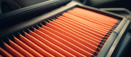 A closeup of an air filter in a car, the metal grille of the hood contrasts with the wood accents and dark tints, reminiscent of office supplies