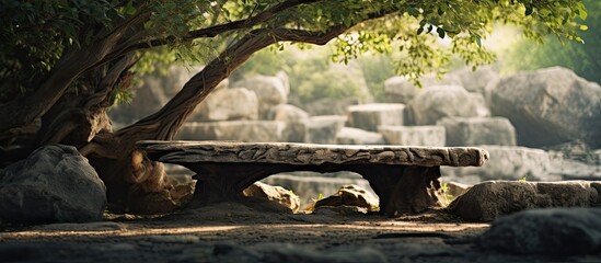 Fototapeta na wymiar A wooden bench nestled under a leafy tree in a park, encircled by rocks and lush grass, creating a serene natural landscape