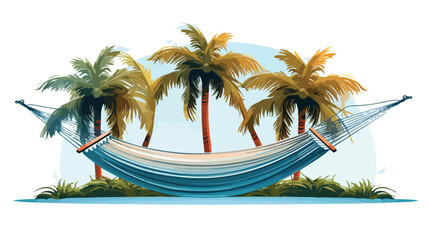 A hammock strung between two palm trees on a tropic