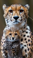 Male cheetah and cub with empty space on the left, object on the right side, perfect for adding text