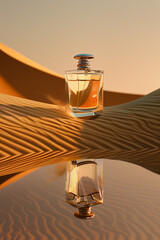 rectangular bottle of perfume on a background of yellow sands, dunes with reflection in the background - 758396111