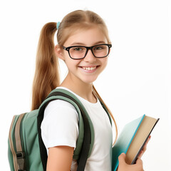 A girl of fifteen years old smiles in glasses with a backpack on a white background and holds a book in her hands. - 758396164