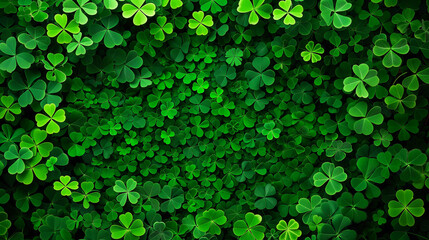 Backdrop for St. Patrick's Day. Clover wallpaper in soft backlight with blur and bokeh. Horizontal format. Postcard. - 758396346