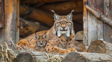 Male lynx and lynx cub portrait with spacious area on the left for convenient text insertion