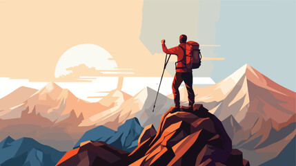A hiker reaching the top of a mountain with breatht