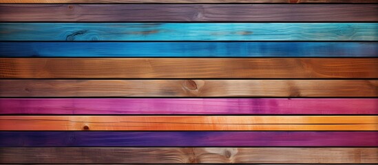 A detailed picture of a wooden wall showcasing a variety of vibrant colors including purple, pink,...