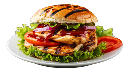 Grilled Chicken Sandwichon a plate isolated on transparent png background. Generative ai 