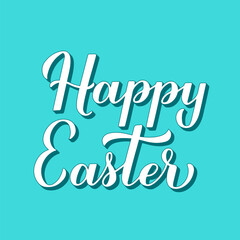 Happy Easter 3d lettering on mint green background. Easter celebration typography poster. Spring holidays illustration in retro style. Vector template for party invitation, greeting card, banner.