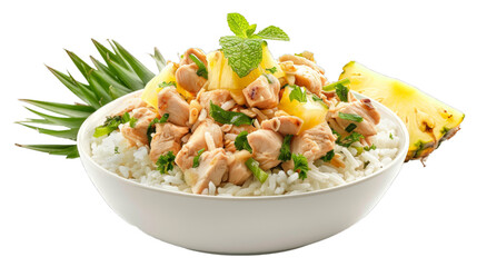 Hawaiian Pineapple Chicken Rice Bowl isolated on transparent png background. Generative ai  - obrazy, fototapety, plakaty