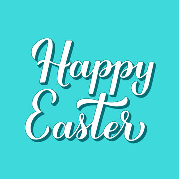 Happy Easter 3d lettering on mint green background. Easter celebration typography poster. Spring holidays illustration in retro style. Vector template for party invitation, greeting card, banner.