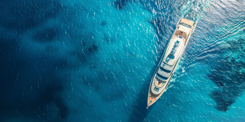 Aerial view of luxury yacht cruising in tropical sea - 758398537