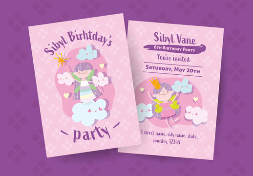 Pink And Purple Birthday Party Invitation Fairy Kids Template