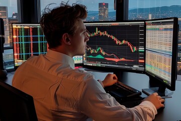 Financial analyst observing market data at sunset