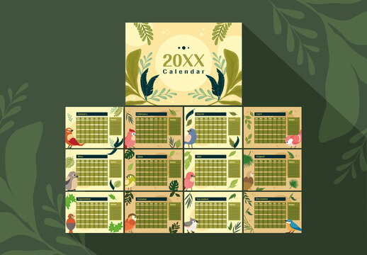 Green Birds Illustrations Calendar