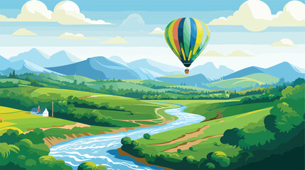 A hot air balloon floating over a lush green valley - obrazy, fototapety, plakaty