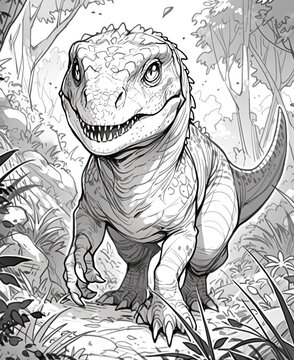 Black and white illustration for coloring animals, dinosaur.