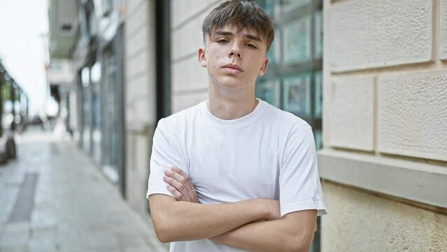 A confident teen boy with crossed arms wearing a white t-shirt on an urban city street.
