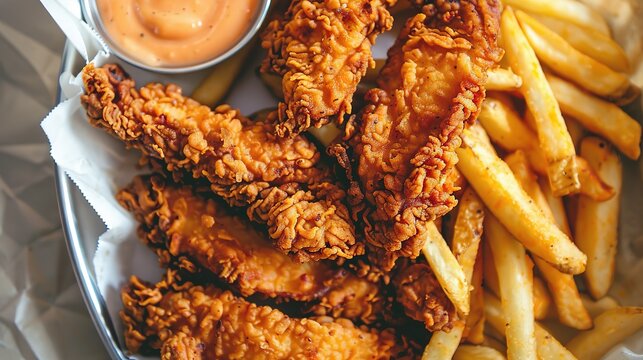 An overhead view of a plate piled high with crispy fried chicken tenders and french fries, accompanied by a side of tangy dipping sauce, real photo
