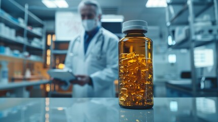 Medicine bottle, doctor visible in the background  - obrazy, fototapety, plakaty