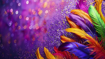 Fototapeta na wymiar A picturesque scene of feathers adorning a regal purple background, designed with generous space for text, embodying the vibrant energy of Mardi Gras. attractive look