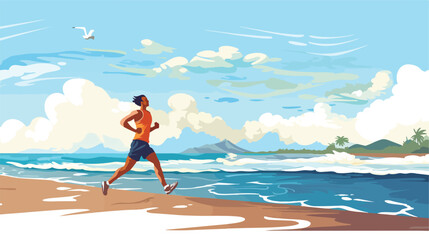 Obraz na płótnie Canvas A jogger running along a beach with the sound 
