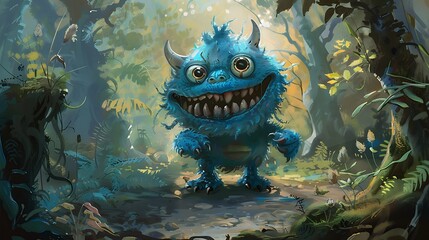 a playful blue monster with big, expressive eyes and a mischievous grin, ready to embark on...
