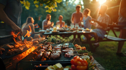 Summer Backyard Barbecue Party with Friends - obrazy, fototapety, plakaty