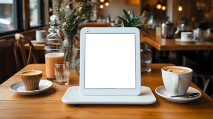 Café Workspace with Digital Tablet and Coffee.
Perfectly arranged café table with a digital tablet for mockups, accompanied by a cappuccino and cozy ambience, ideal for advertising and design.