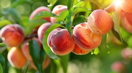Peach on a branch in an orchard harvest of ripe peaches