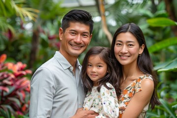 Happy Asian Family Smiling in a Garden - Young Couple with Child Enjoying Time Together Outdoors