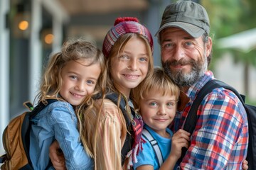 Happy Family of Four Smiling for Portrait Outdoors with Backpacks, Father with Children Embracing on a Sunny Day