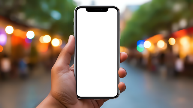 Smartphone Mockup in Urban Nightlife.

A hand holding a smartphone with a blank screen for mockups, set against a lively urban street backdrop, ideal for tech and lifestyle apps.