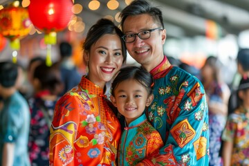 Naklejka premium Happy Family in Traditional Chinese Attire Celebrating Lunar New Year Together in Vibrant Setting