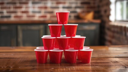 A strategic pyramid of red party cups on a wooden table, set for a competitive game of beer pong