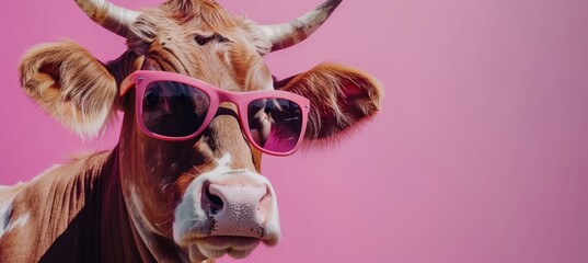 Playful cow with stylish sunglasses posing in a vibrant pastel colored studio environment