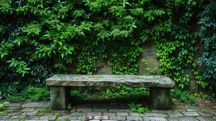 A stone bench nestled among lush green foliage in a peaceful garden