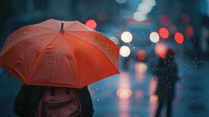 Person under a red umbrella on a wet urban evening, city lights blurred in the background