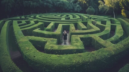 A person stands at the maze's center, contemplating the path through a lush green hedge labyrinth - obrazy, fototapety, plakaty