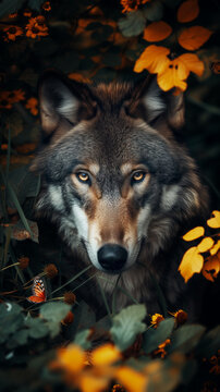 AI Generated Image Portrait of the wolf in nature surrounded by leaves and flowers
