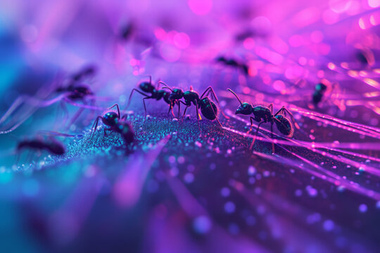 AI Generated Image Macro close-up view on ants running on a surface with neon light fibers of artificial neural network;