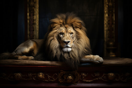 AI Generated Image Lion relaxing on Medieval European king bed in the empire palace interior