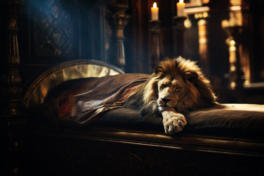 AI Generated Image Lion relaxing on Medieval European king bed in the empire palace interior