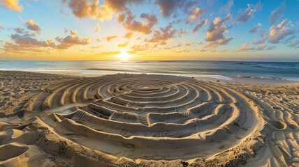 Fototapeta na wymiar Artistic sand labyrinth on the beach at sunset with waves and clouds