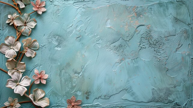 Artistic metallic flowers on textured turquoise wall backdrop