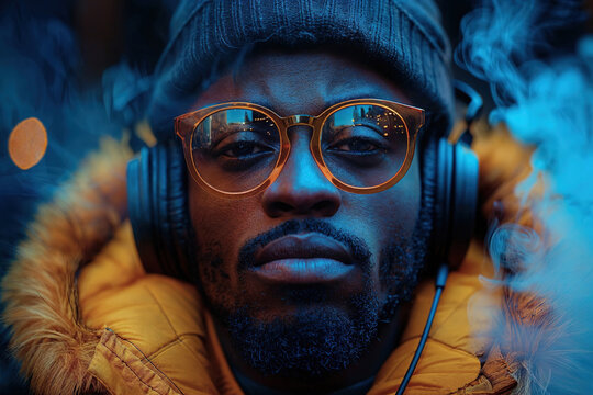 Stylish man enjoying music in the city at night. Generative AI image