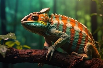 A chameleon is sitting in on a branch. - obrazy, fototapety, plakaty