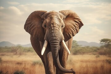 Fototapeta na wymiar Portrait of an elephant walking on the savannah. Outdoor. Concept of wild animals in natural habitat.